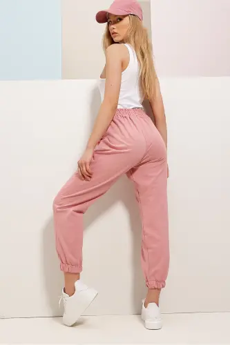 Women's Rose Color Cuffed Two-Thread Sweatpants ALC-Y2933 - 4