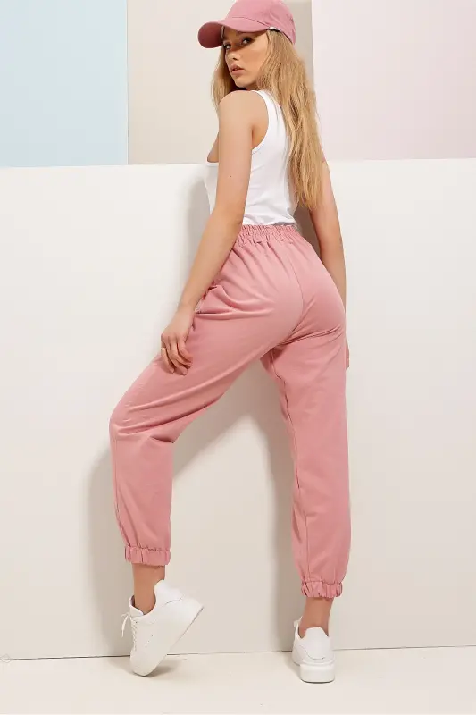 Women's Rose Color Cuffed Two-Thread Sweatpants ALC-Y2933 - 4