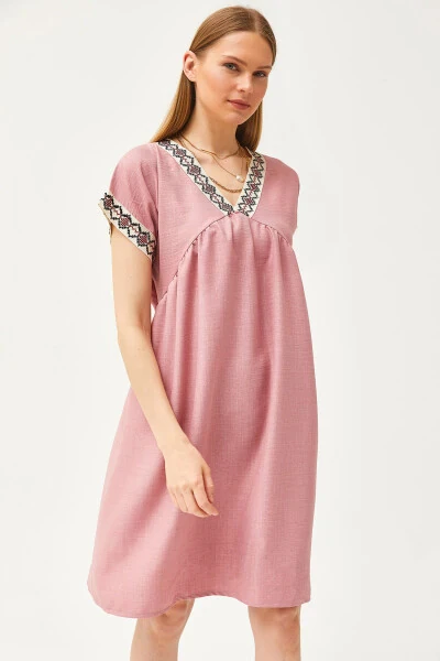 Women's Rose Embroidered Collar Linen Dress ELB-19002077 - OLALOOK