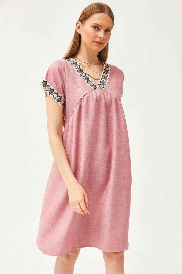 Women's Rose Embroidered Collar Linen Dress ELB-19002077 - 1