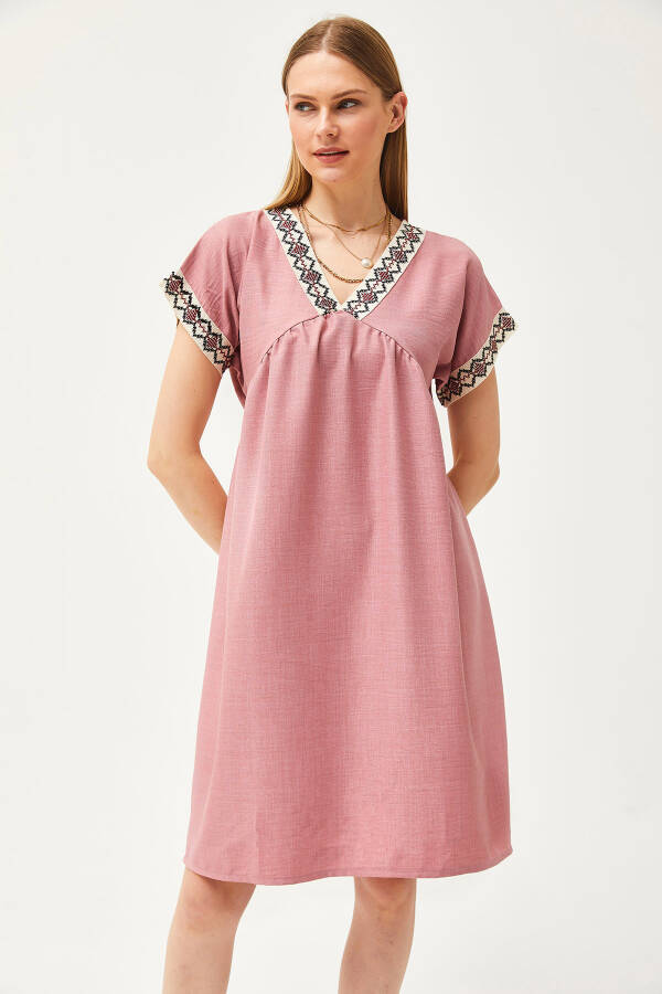 Women's Rose Embroidered Collar Linen Dress ELB-19002077 - 2