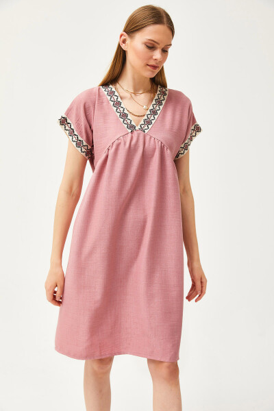 Women's Rose Embroidered Collar Linen Dress ELB-19002077 - 3