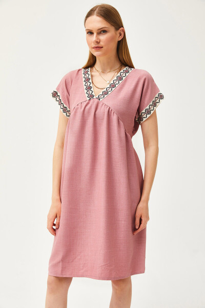 Women's Rose Embroidered Collar Linen Dress ELB-19002077 - 4