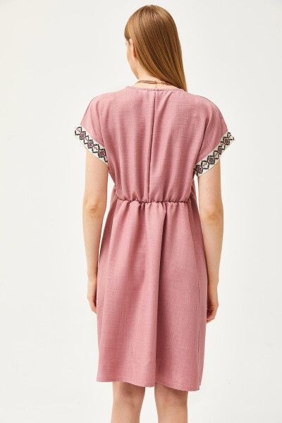 Women's Rose Embroidered Collar Linen Dress ELB-19002077 - 5