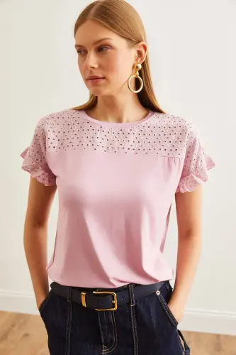 Women's Rose Gold Top with Scalloped Flounce Sleeve T-Shirt BL - 1