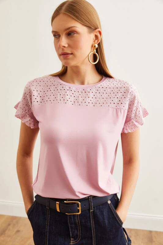 Women's Rose Gold Top with Scalloped Flounce Sleeve T-Shirt BL - OLALOOK