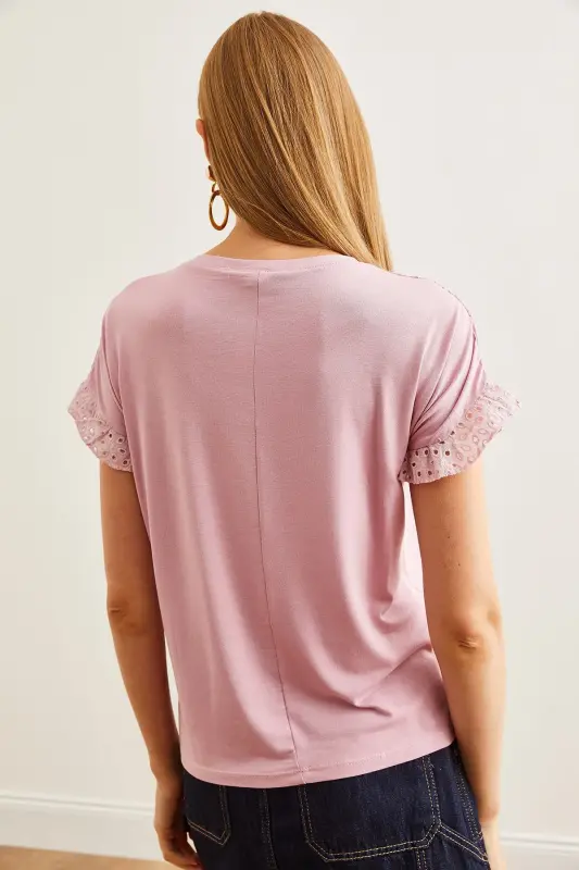 Women's Rose Gold Top with Scalloped Flounce Sleeve T-Shirt BL - 2