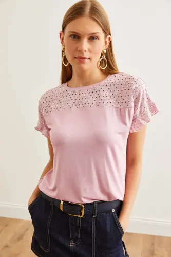 Women's Rose Gold Top with Scalloped Flounce Sleeve T-Shirt BL - 3