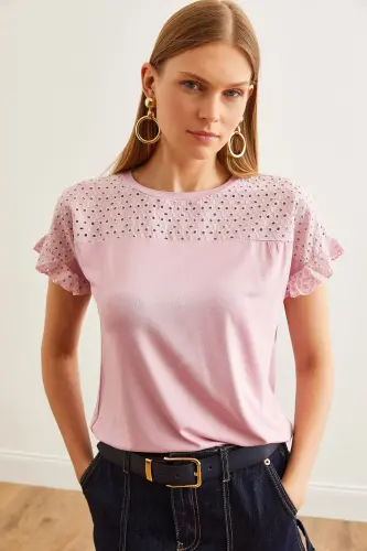 Women's Rose Gold Top with Scalloped Flounce Sleeve T-Shirt BL - 4