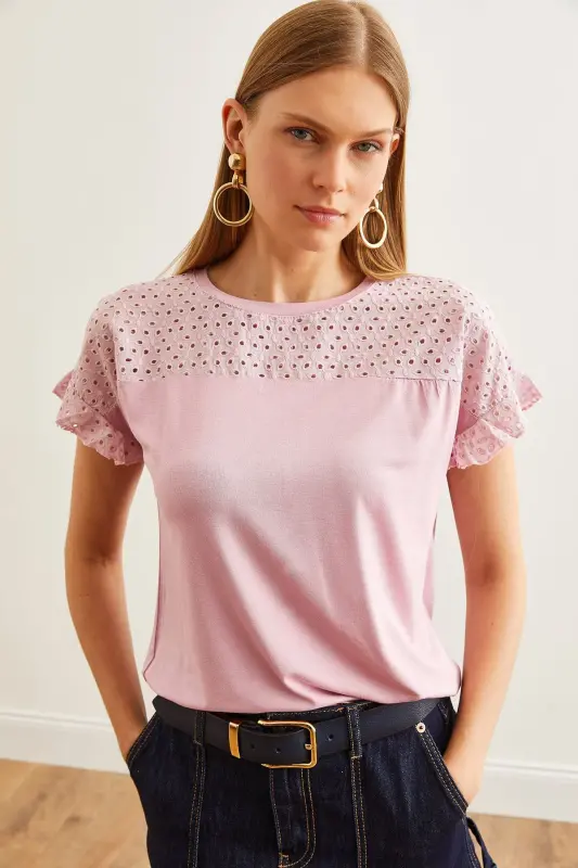 Women's Rose Gold Top with Scalloped Flounce Sleeve T-Shirt BL - 4