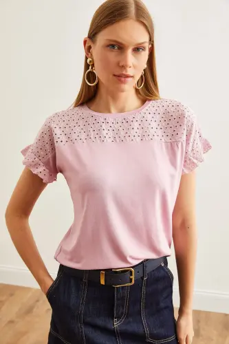 Women's Rose Gold Top with Scalloped Flounce Sleeve T-Shirt BL - 5