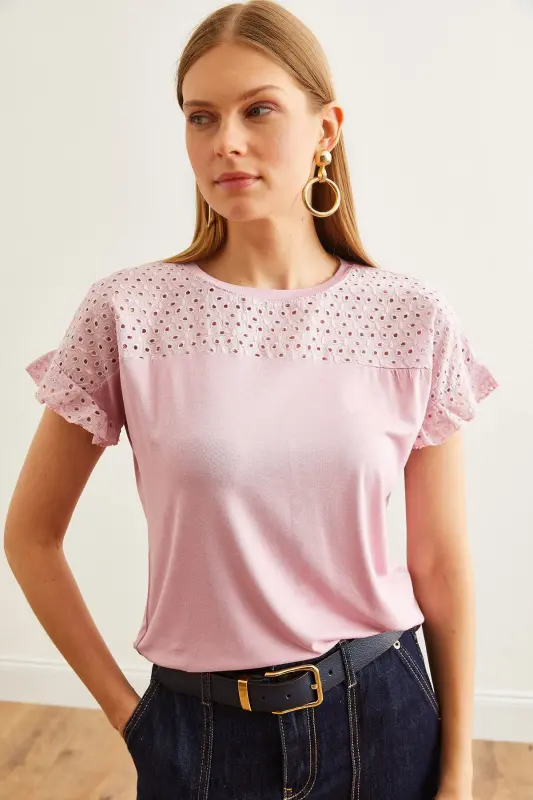 Women's Rose Gold Top with Scalloped Flounce Sleeve T-Shirt BL - 6
