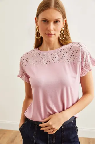 Women's Rose Gold Top with Scalloped Flounce Sleeve T-Shirt BL - 7