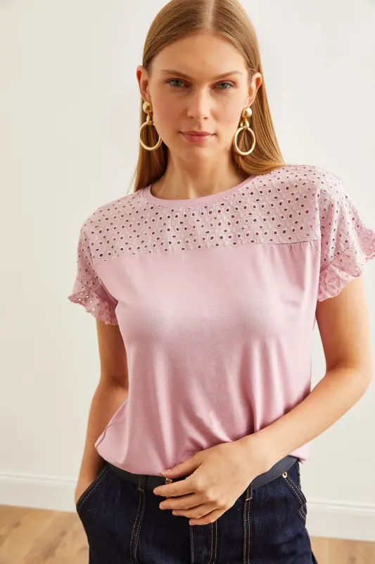 Women's Rose Gold Top with Scalloped Flounce Sleeve T-Shirt BL - 7