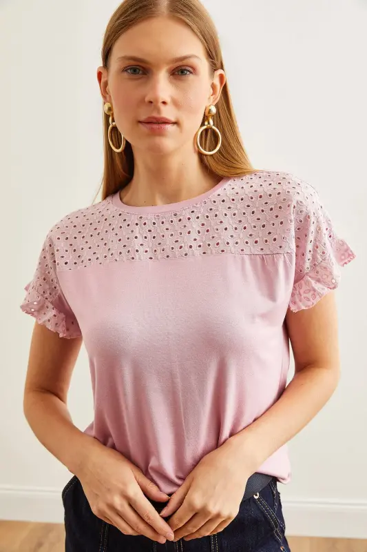 Women's Rose Gold Top with Scalloped Flounce Sleeve T-Shirt BL - 8