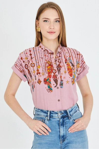 Women's Rose Mauve Mandarin Collar Short Sleeve Shirt ARM- - ARMONIKA