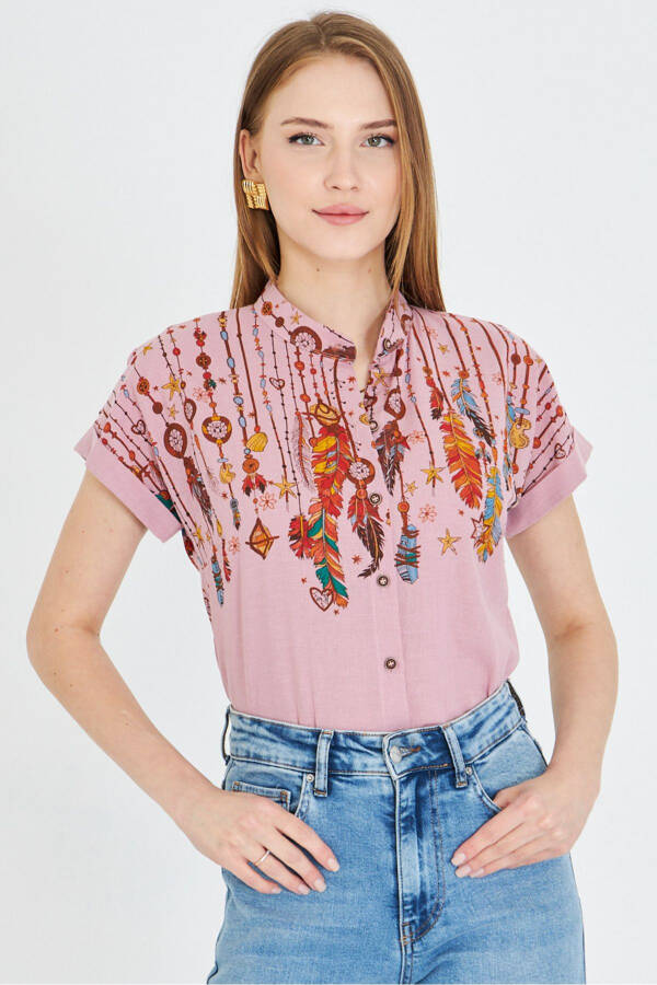 Women's Rose Mauve Mandarin Collar Short Sleeve Shirt ARM- - 1