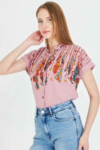 Women's Rose Mauve Mandarin Collar Short Sleeve Shirt ARM- - ARMONIKA (1)
