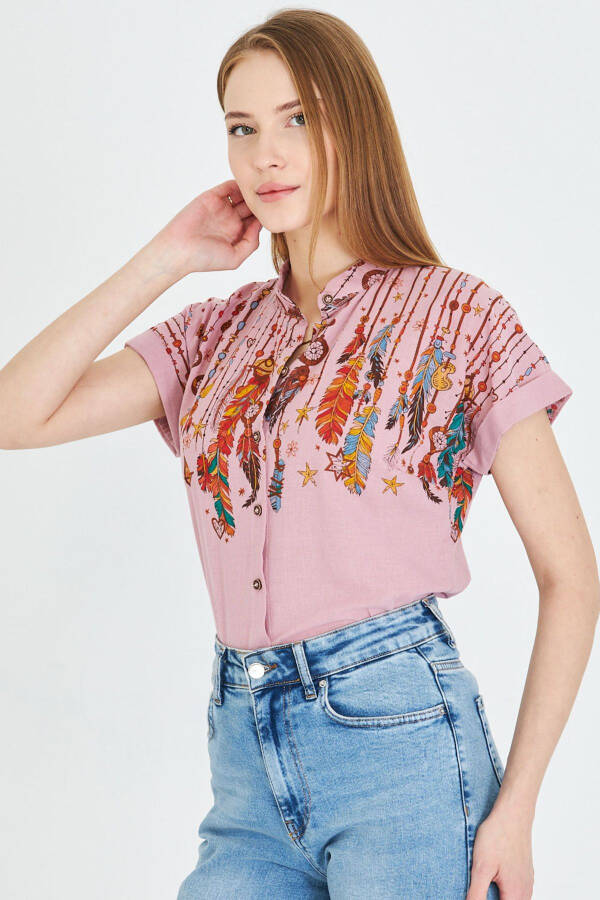 Women's Rose Mauve Mandarin Collar Short Sleeve Shirt ARM- - 2