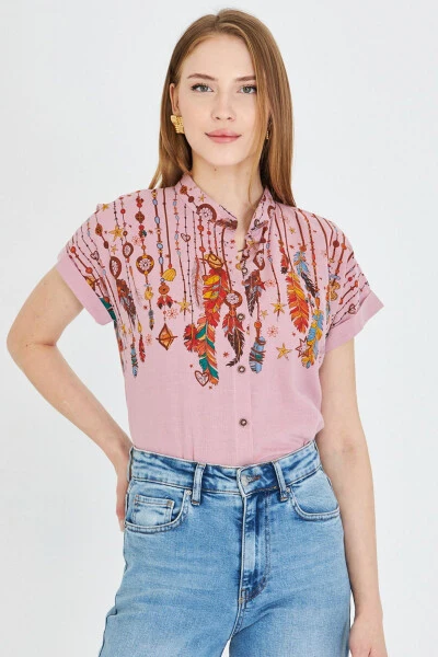 Women's Rose Mauve Mandarin Collar Short Sleeve Shirt ARM- - 3