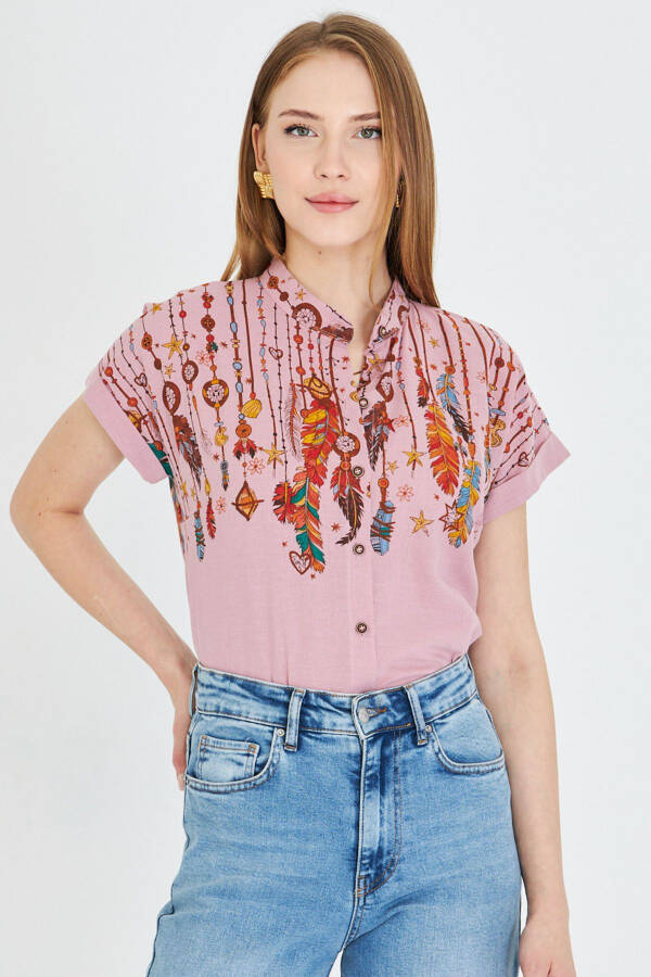 Women's Rose Mauve Mandarin Collar Short Sleeve Shirt ARM- - 3