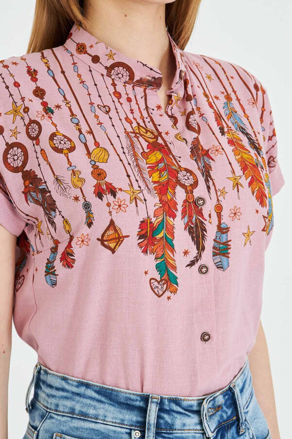 Women's Rose Mauve Mandarin Collar Short Sleeve Shirt ARM- - 4