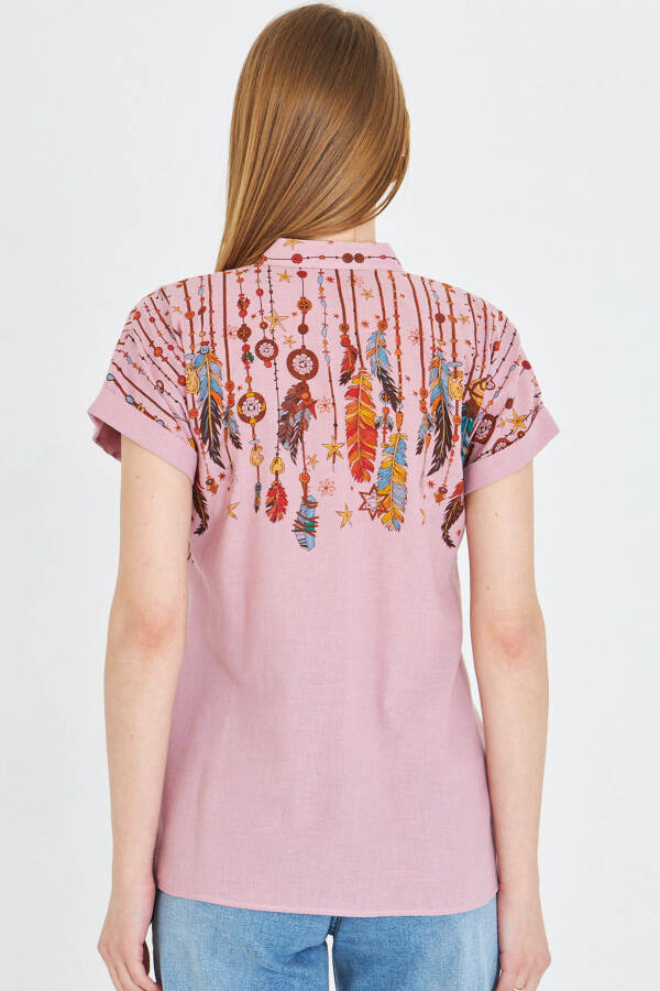 Women's Rose Mauve Mandarin Collar Short Sleeve Shirt ARM- - 5