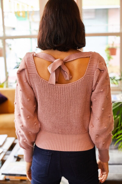 Women's Rose Pink Back Tie Sleeve Pompom Knitted Sweater KZK-19000212 - 5