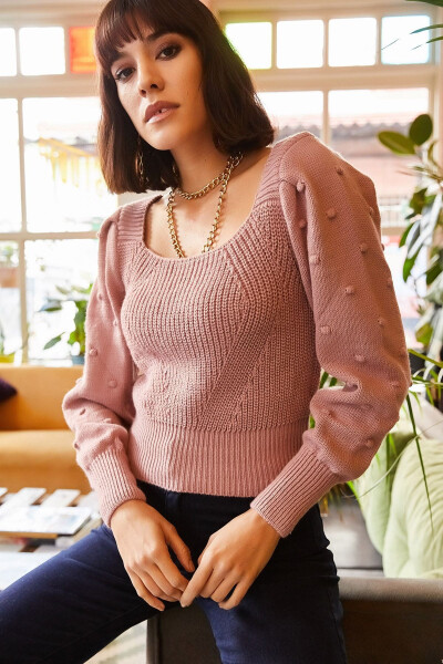 Women's Rose Pink Back Tie Sleeve Pompom Knitted Sweater KZK-19000212 - 2