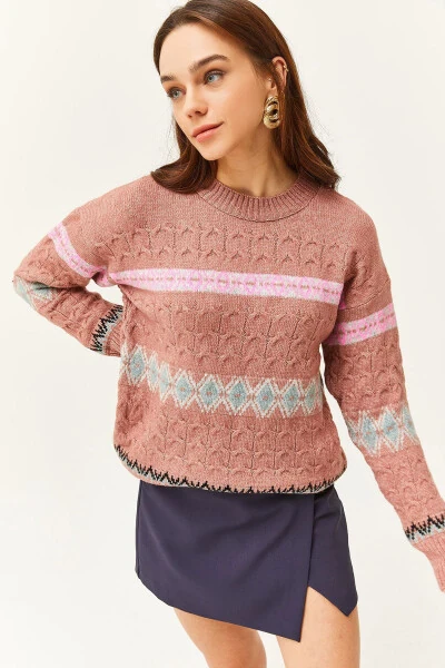 Women's Rose Pink Baklava Ribbed Soft Texture Sweater KZK-19000790 - OLALOOK