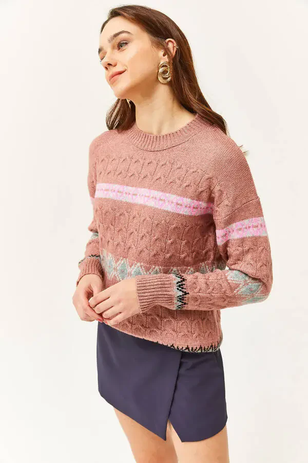 Women's Rose Pink Baklava Ribbed Soft Texture Sweater KZK-19000790 - 2