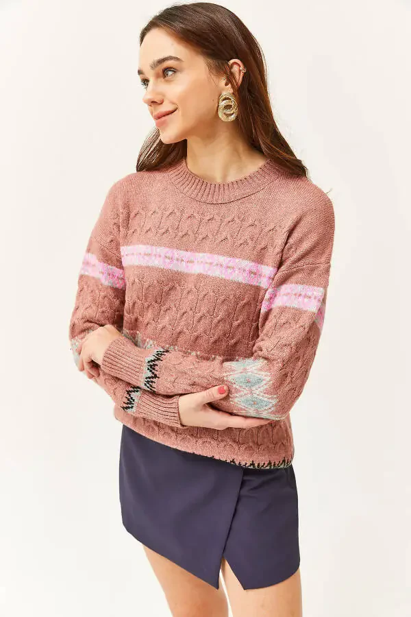 Women's Rose Pink Baklava Ribbed Soft Texture Sweater KZK-19000790 - 3