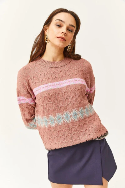Women's Rose Pink Baklava Ribbed Soft Texture Sweater KZK-19000790 - 4