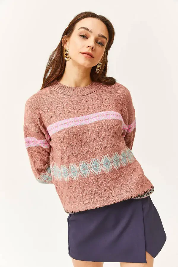 Women's Rose Pink Baklava Ribbed Soft Texture Sweater KZK-19000790 - 4