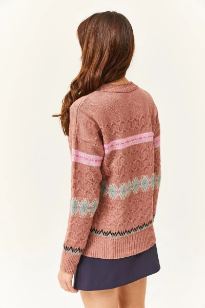 Women's Rose Pink Baklava Ribbed Soft Texture Sweater KZK-19000790 - 5