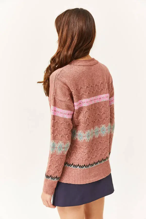 Women's Rose Pink Baklava Ribbed Soft Texture Sweater KZK-19000790 - 5