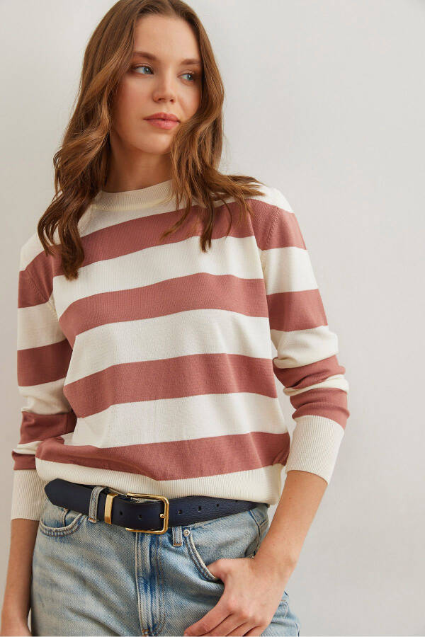 Women's Rose Pink Cyclist Neckline Striped Knitted Sweater KZK-19000904 - 1