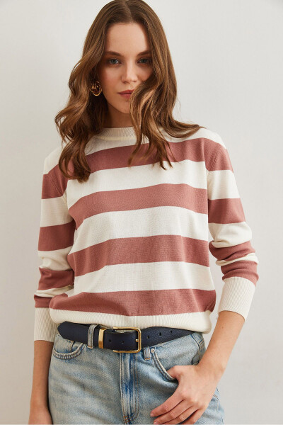 Women's Rose Pink Cyclist Neckline Striped Knitted Sweater KZK-19000904 - 3