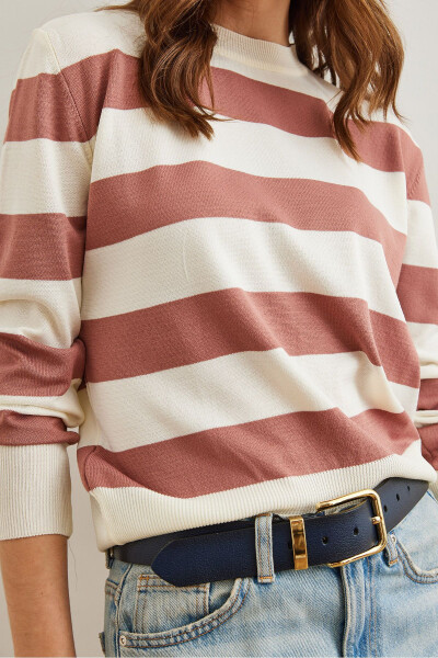 Women's Rose Pink Cyclist Neckline Striped Knitted Sweater KZK-19000904 - 6