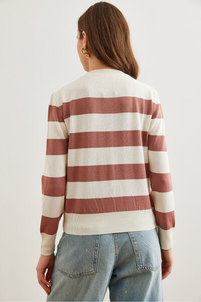 Women's Rose Pink Cyclist Neckline Striped Knitted Sweater KZK-19000904 - 7