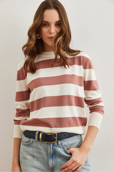 Women's Rose Pink Cyclist Neckline Striped Knitted Sweater KZK-19000904 - 3