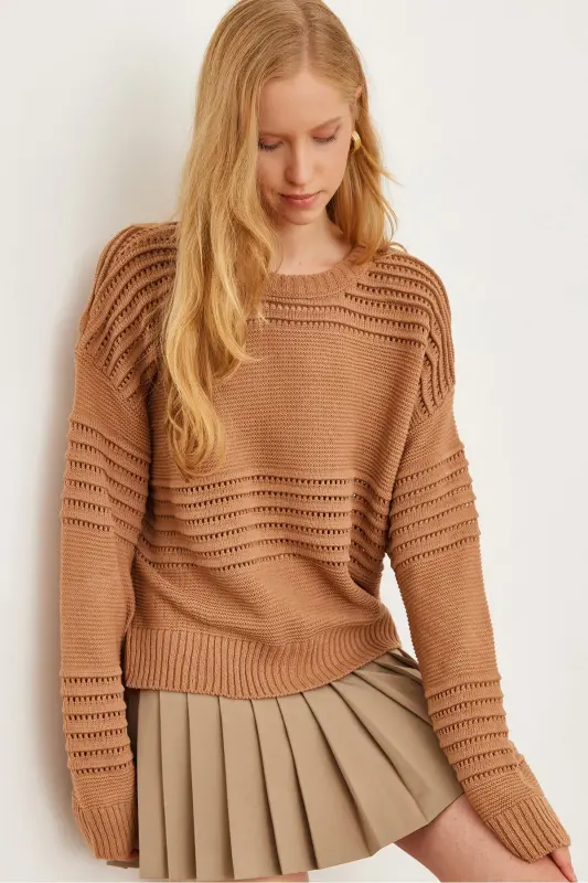 Women's Rose Textured Striped Detail Knitted Sweater KZK-19000808-Rose - OLALOOK