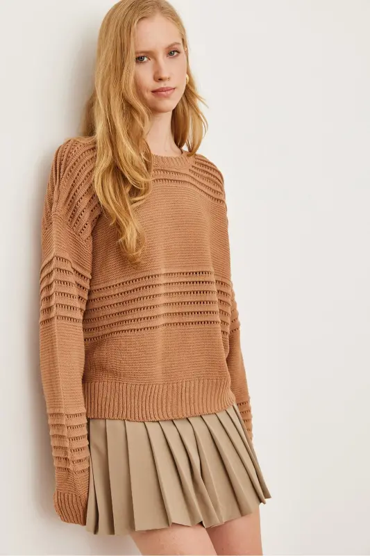 Women's Rose Textured Striped Detail Knitted Sweater KZK-19000808-Rose - 3