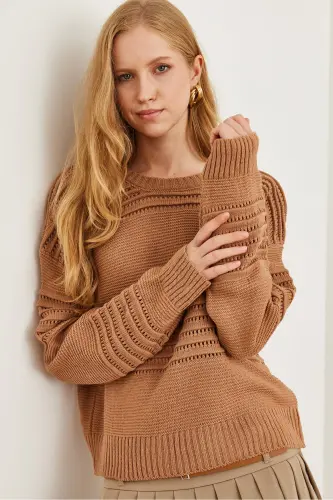 Women's Rose Textured Striped Detail Knitted Sweater KZK-19000808-Rose - 5