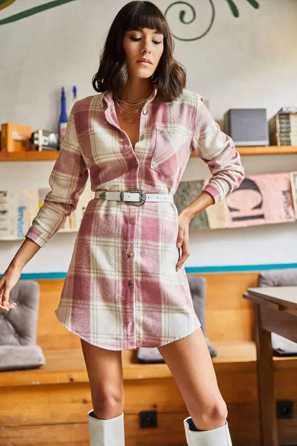 Women's Rose Wood Thick Tartan Tunic Dress ELB-19000836 - 4