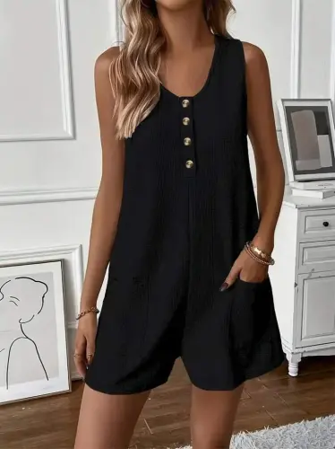 Women's Round Neck Buttoned Waffle Short Jumpsuit - 4