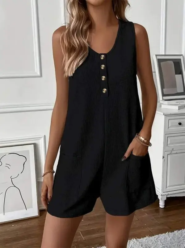 Women's Round Neck Buttoned Waffle Short Jumpsuit - 4