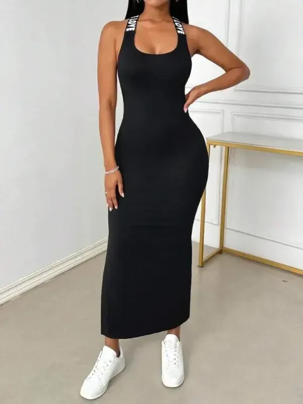 Women's Round Neck Crisscross Back Love Detail Slit Viscose Dress - BÜYÜKBEDENIZ