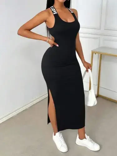 Women's Round Neck Crisscross Back Love Detail Slit Viscose Dress - 4