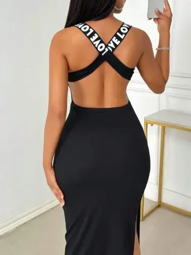 Women's Round Neck Crisscross Back Love Detail Slit Viscose Dress - 5